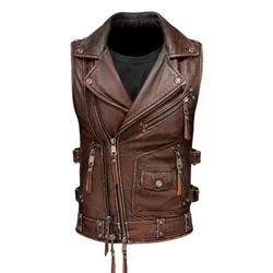 Red Brown Spring Leather Vest Men Vintage Punk Style Plus Size 5XL Natural Cowhide Slim Fit Short Genuine Leather Vest