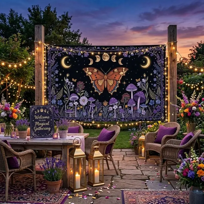VIKAMA Whimsigoth Butterfly Tapestry, Moon Phase Mushroom Floral Witchy Celestial Wall Hanging for Bedroom Dorm Room Decor