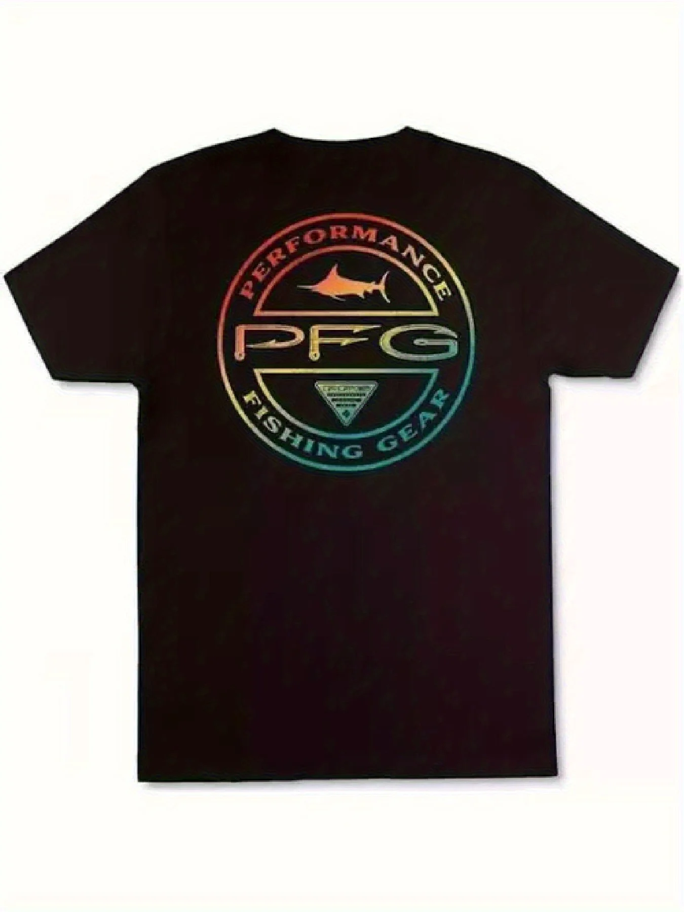 

Vibrant Gradient Pfg Performance Fishing Gear T-Shirt Dynamic Marlin Silhouette and Classic Fishing Gear Logo Print Men's Casual Crew Neck Short Sleeve T-Shirt Breathable Cotton Fabric ~ Great Choice for Vacation ~