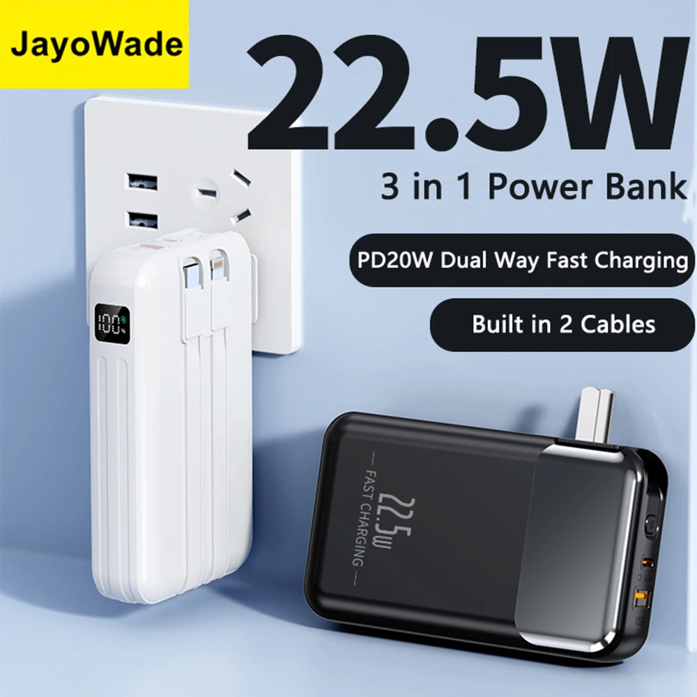 

JayoWade Smart New Power Bank 20000 мАч Встроенный кабель Разъем переменного тока 22,5 Вт Быстрое зарядное устройство Powerbank Внешняя запасная батарея для всех телефонов