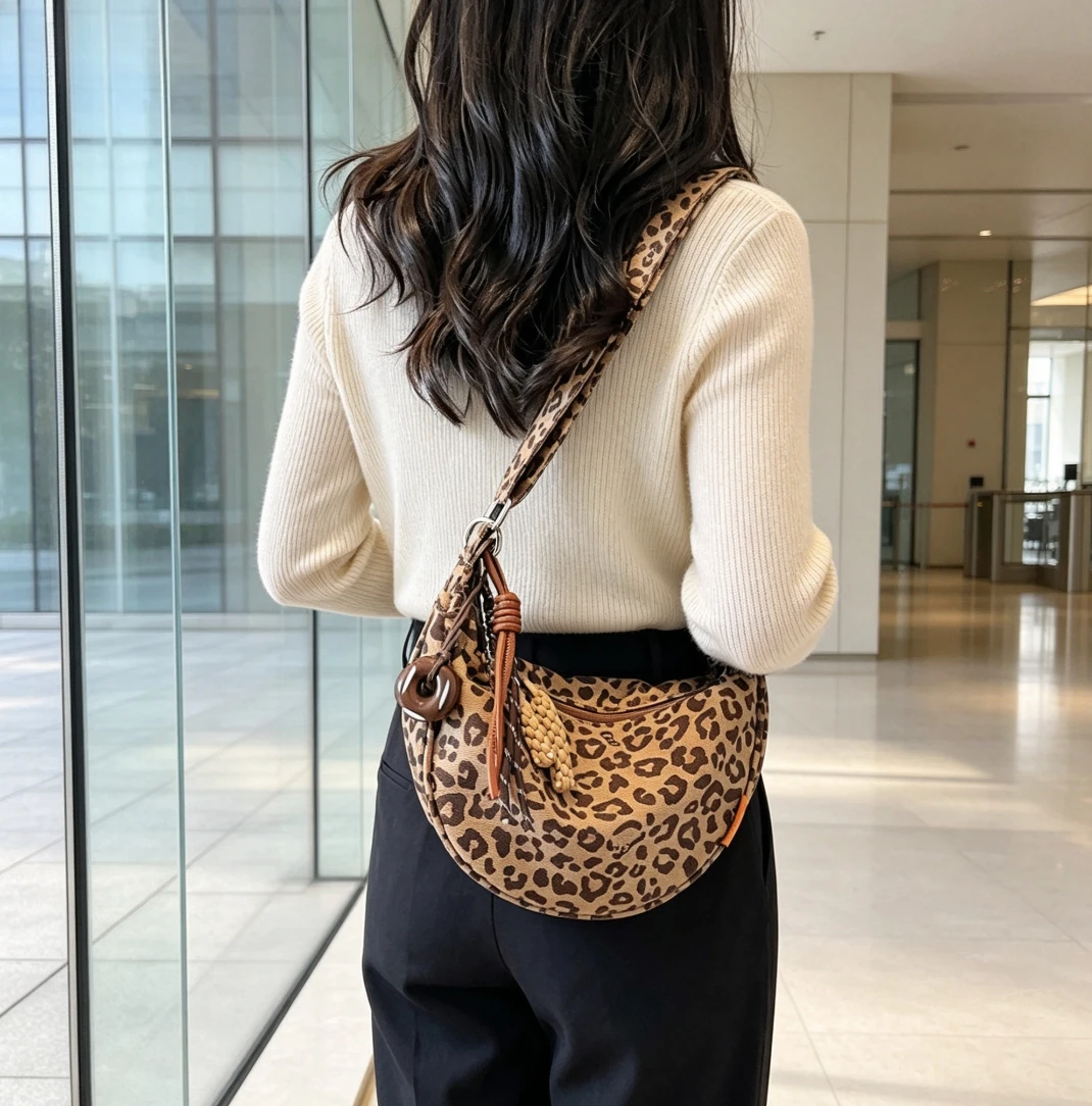 Leopard Print Canvas Bag, Women's Fashionable Simple Shoulder Bag, Fashionable Commuting Cross-border Dumpling Bag