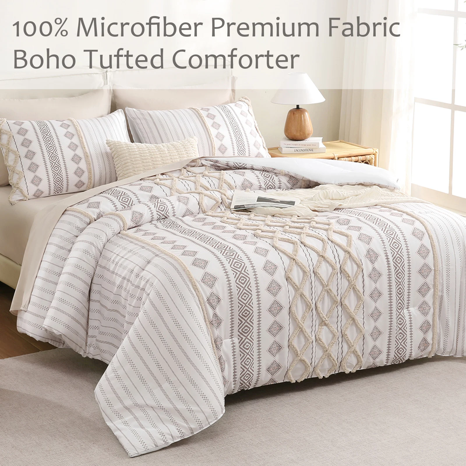 Tufted Boho Comforter Set Bed in A Bag,Shabby Chic Aztec Western Beige Bedding Tufted Decor Queen Size Bedding Comforter and Sheet Set,Farmhouse Luxury 7 Pieces Quilt Set for All Season