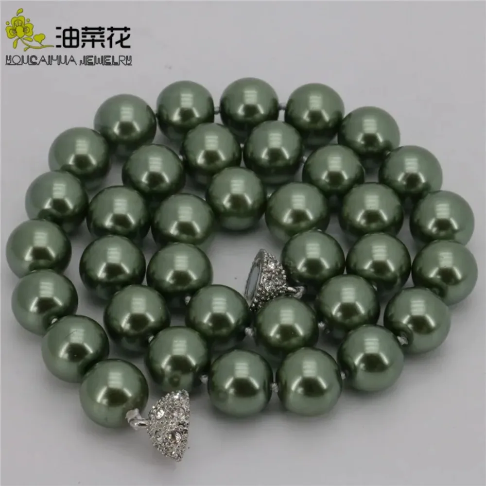 New Arrival 12mm Army Green South Shell Pearl Round Beads Necklace Wholesale Women Jewelry Beautiful New Magnet Clasp Grade