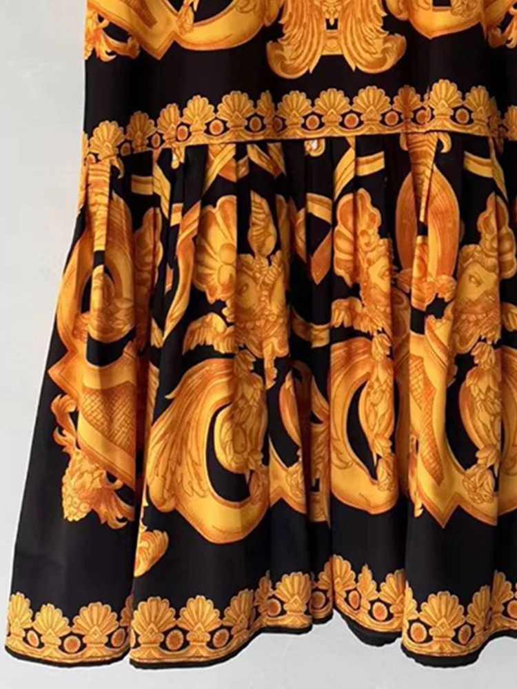 Vestido pulôver retrô com estampa geométrica, gola redonda, verão 2025, camiseta feminina, saia bufante plissada solta e elegante