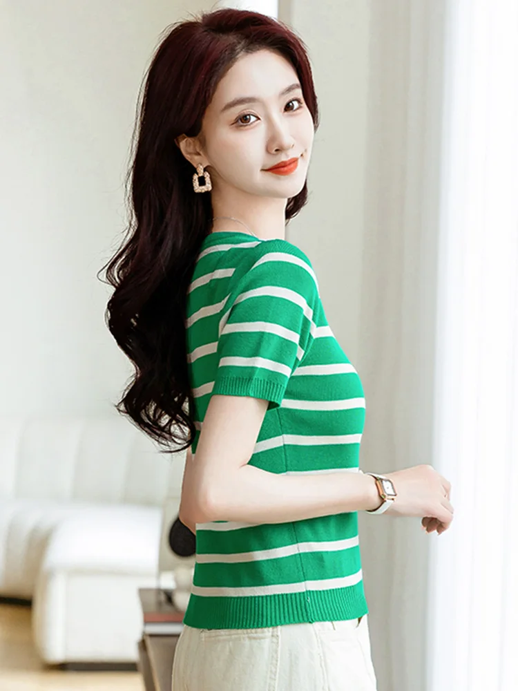 신상품 여성 여름 대비 컬러 스트라이프 티셔츠 패션 오넥 반팔 코튼 티셔츠 심플 캐주얼 루즈 티셔츠