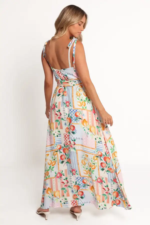 

Women Slip Dress, Spaghetti Straps Backless Fruit Print Swing Dress Summer Long Dress with Belt for Cocktail Party