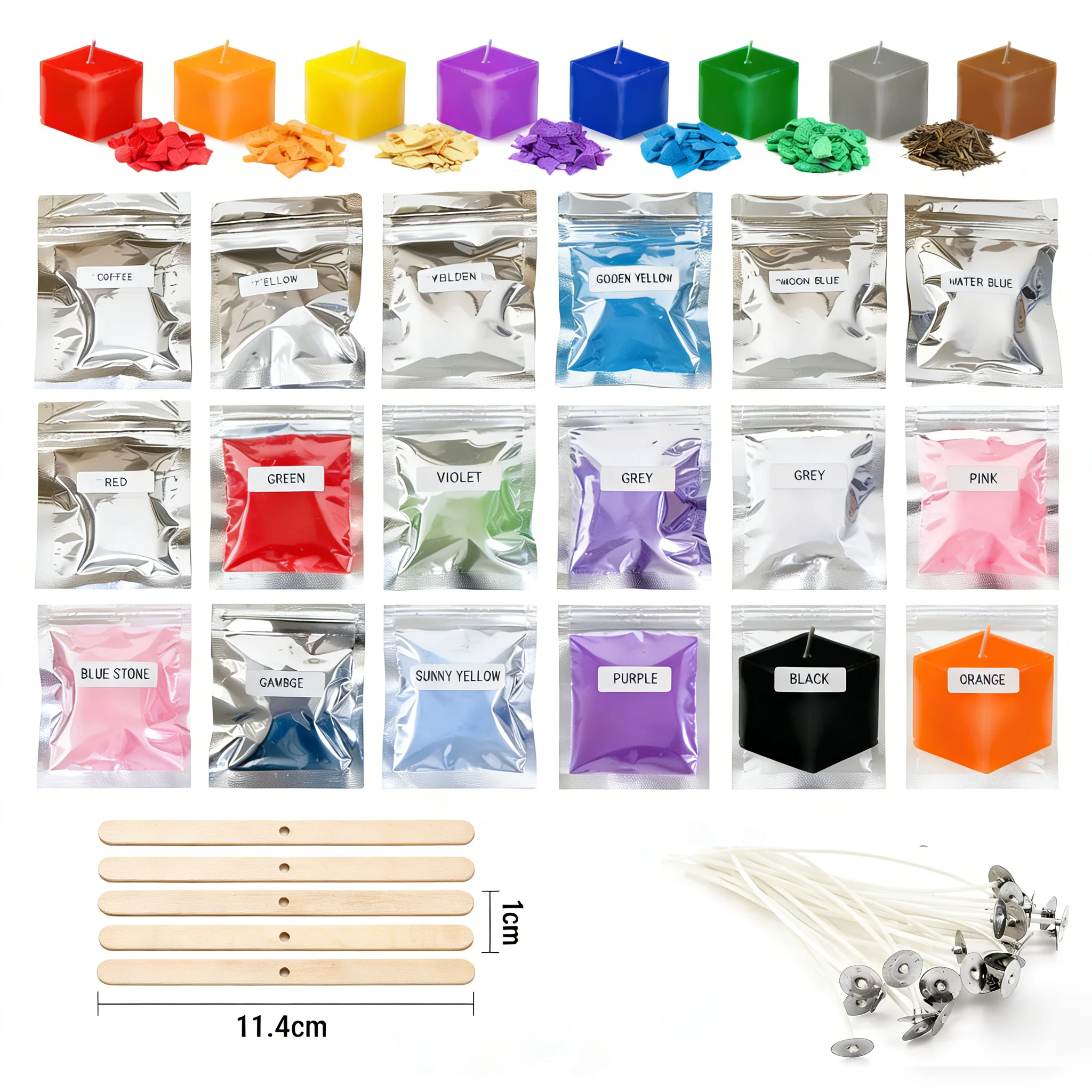 16 Kerzenfarben + 15 Kerzendochte + 5 Kerzendochthalter-Set, hochreine feste Kerzenfarben für die Herstellung von DIY-Kerzen.