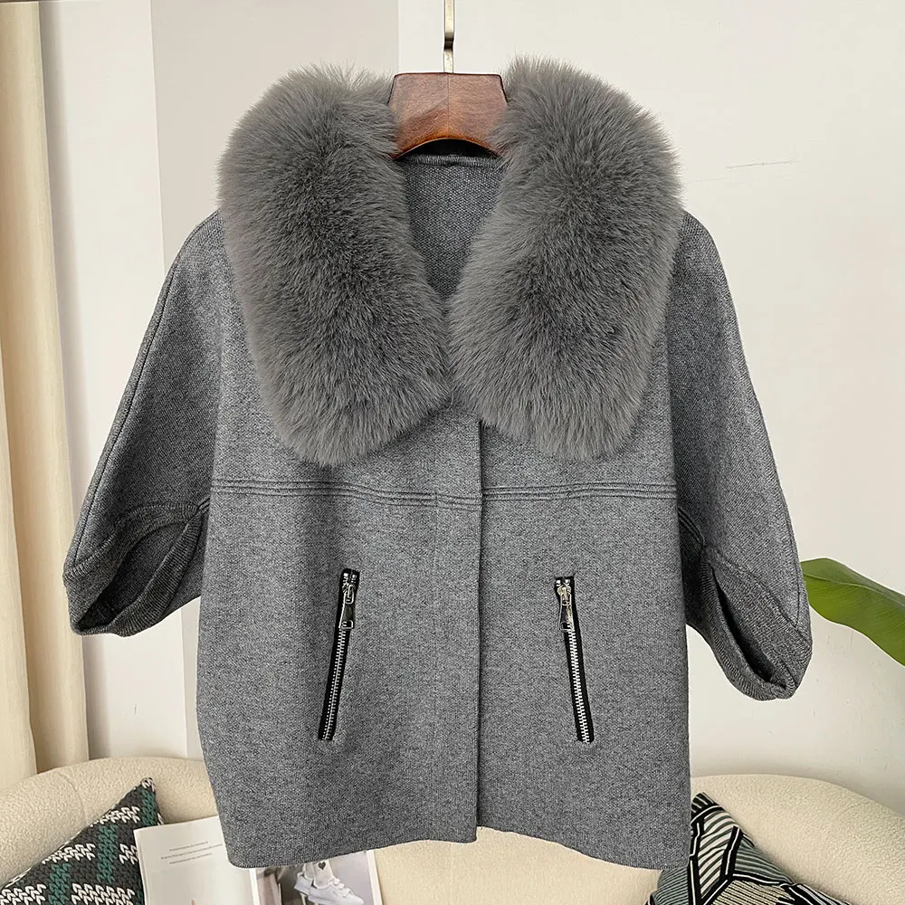 Faux Fur Knitted Cardigan Women Autumn Winter Clothes Fake Fur Collar Sweater Solid Zipper Kintwear Artificial Fur Coat Female