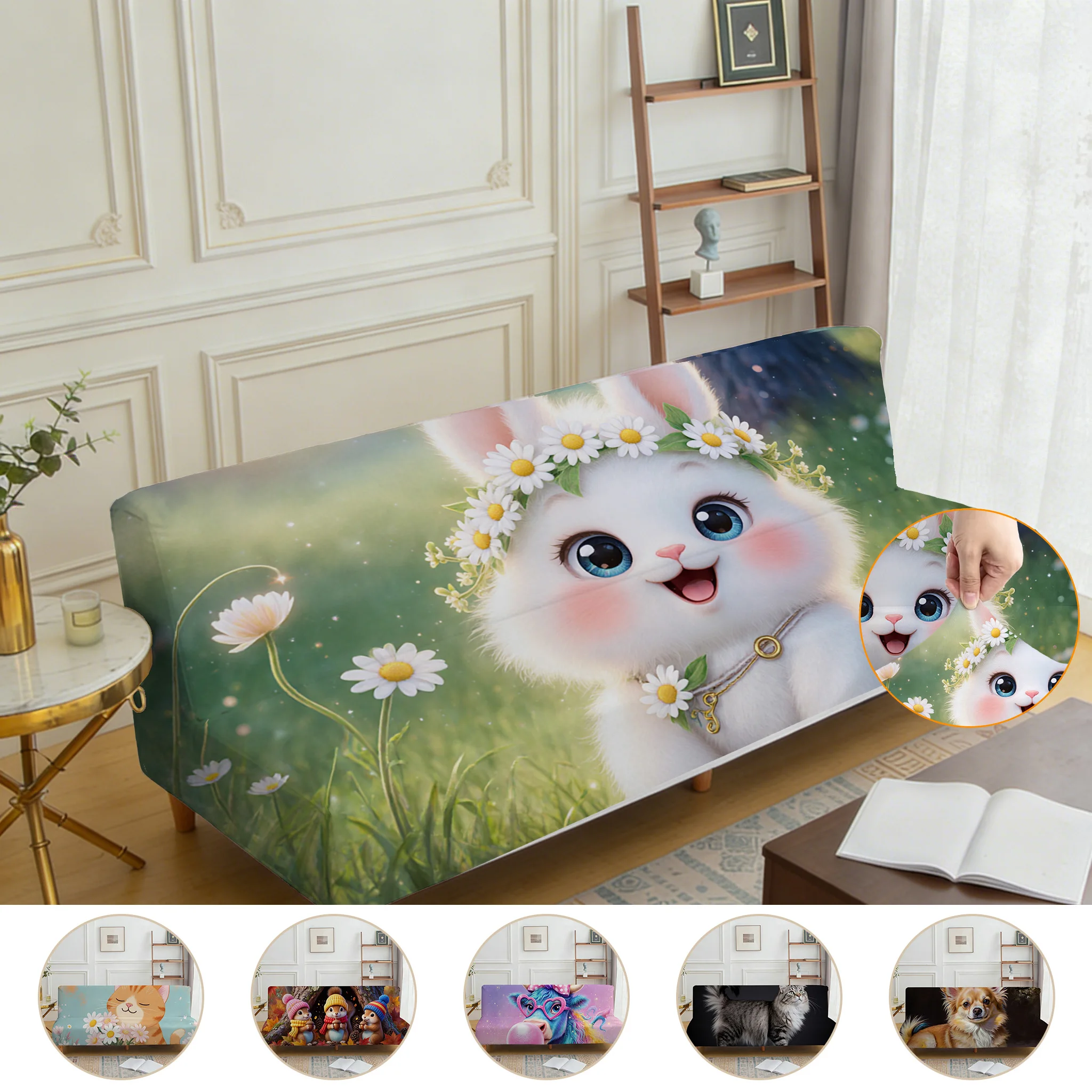 Armrest-free Elastic Printed Sofa Bed Cover, Ins Wind Soft Cute Animal Pattern, Dustproof Machine Washable Sofa Bed Cover