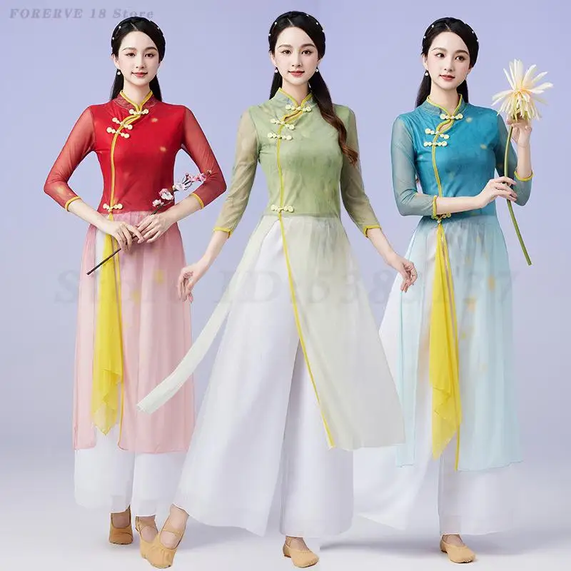 Chinese Style Gauze Dress Suit Classical Dance Costume 2025 New Improve Fashion Ao Dai Vietnam Traditional Dress Cheongsam Set