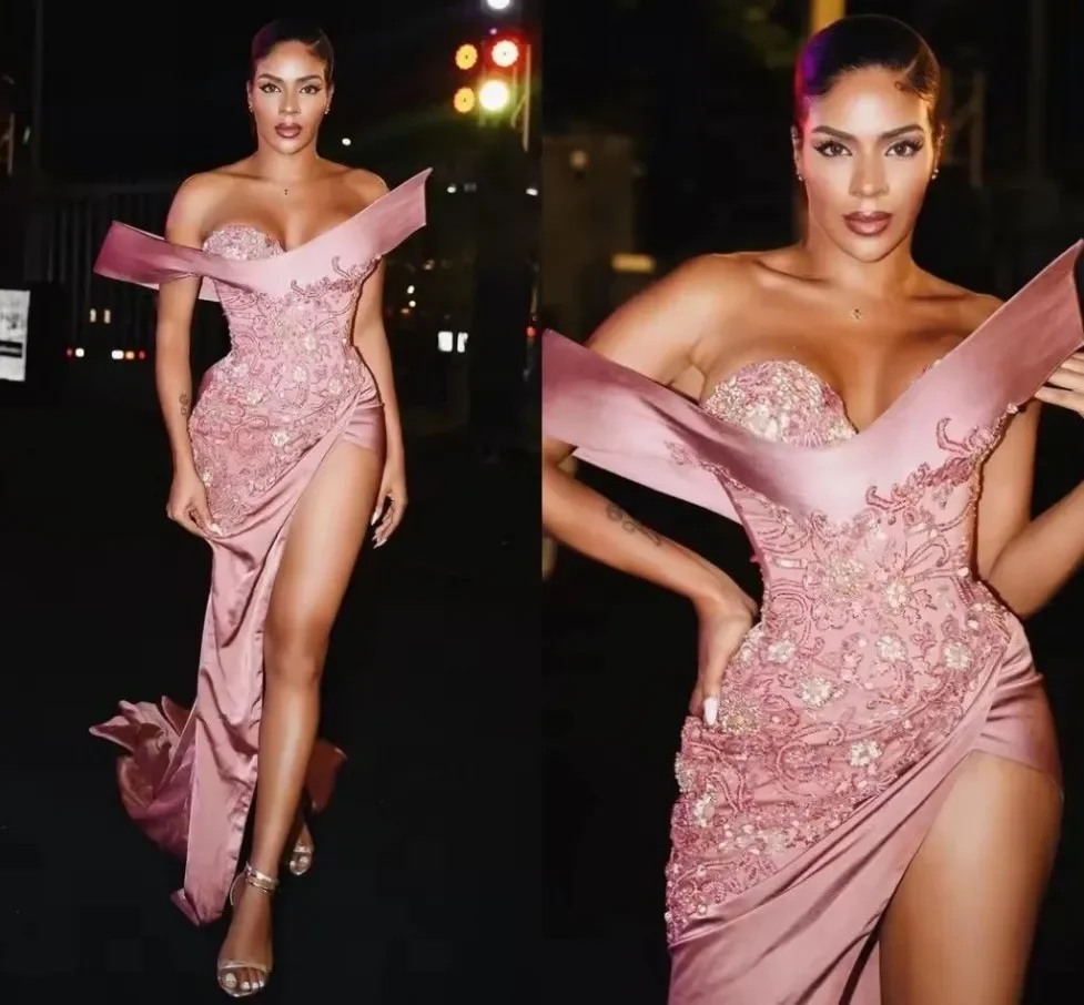 

Luxury Off Shoulder Evening Dress For Women Beaded Lace Mermaid Formal Prom Gown With High Split African Party Dress Customized