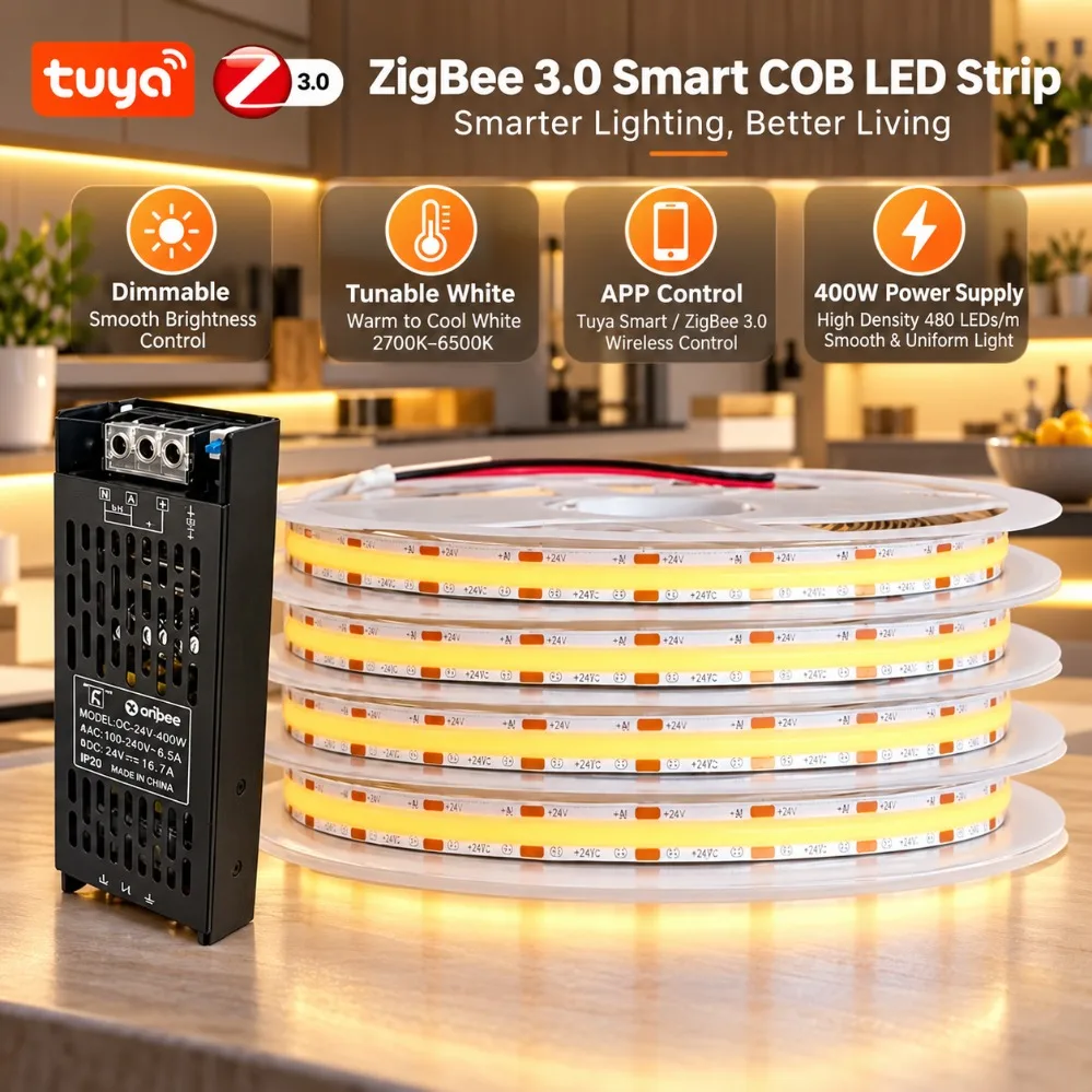 DC24V 10mm COB LED Strip 480LEDs/m 5m-40m CCT Dimmable 2700K-6500K with Tuya Zigbee LED Power Transformer for DIY Decor Lighting