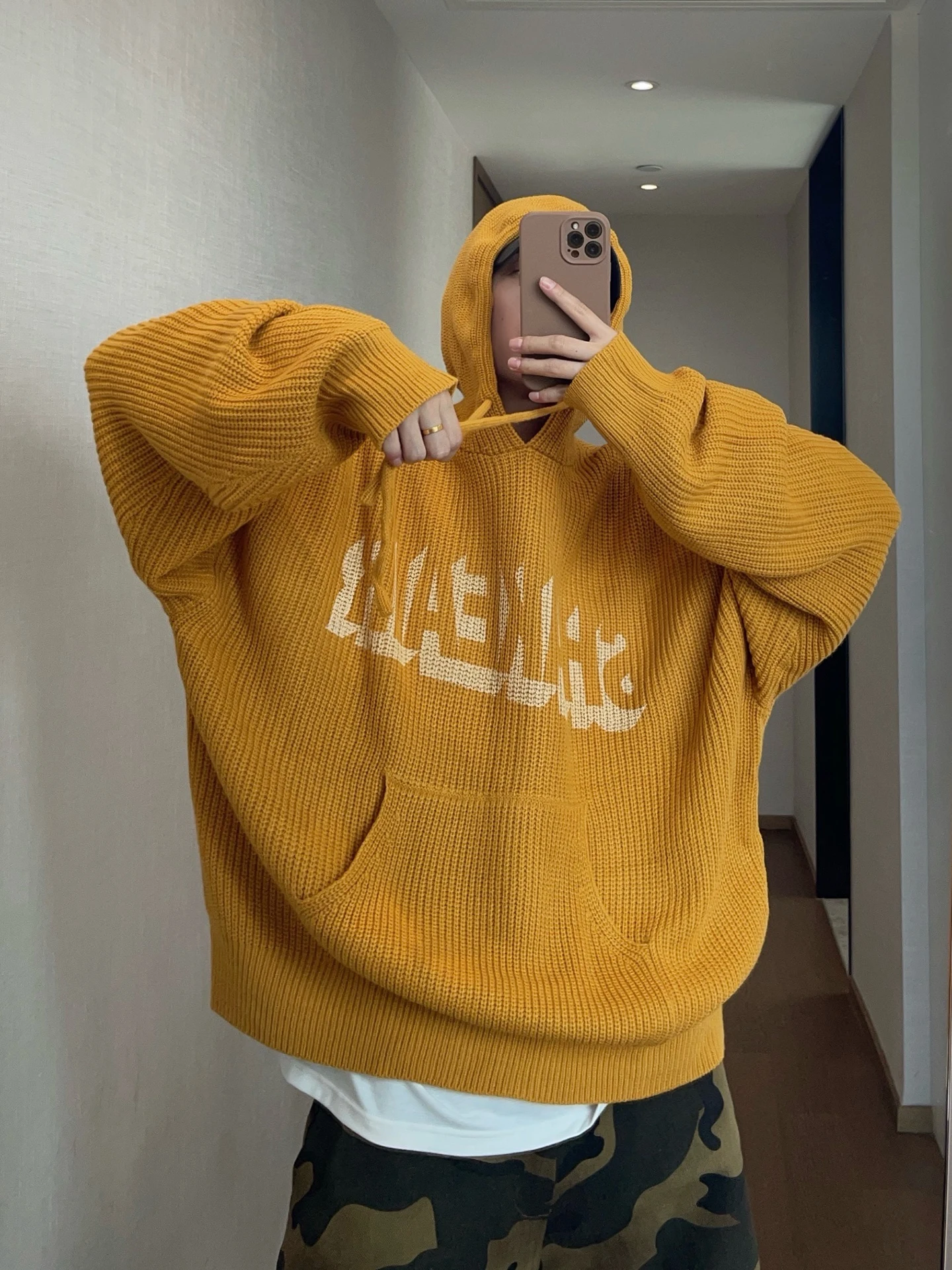 

Retro Yellow Knitted Hoodie Men's Loose Fit Large Size Sweater Trendy Brand Ins Sle Summer Commute Casual Comfortable Coat