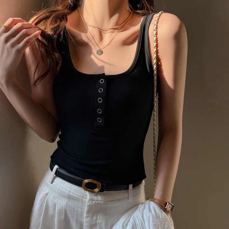 Women Ribbed Knit Tank Top U Scoop Neck Half Henley Button Placket Sleeveless Slim Cropped Fitted Basic Camisole