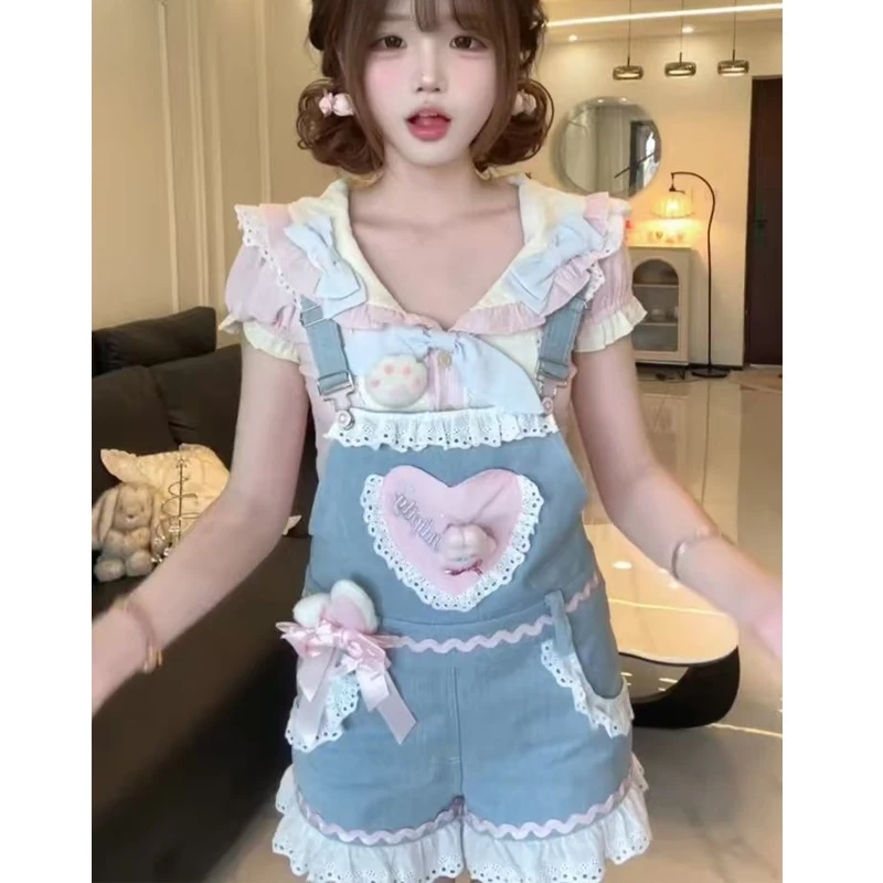 

Spicy Girl Sweet Cute Lace Doll Collar Top Shirt + Ruffled Bow Rompers Preppy Style Kawaii Design Lolita Two Piece Set