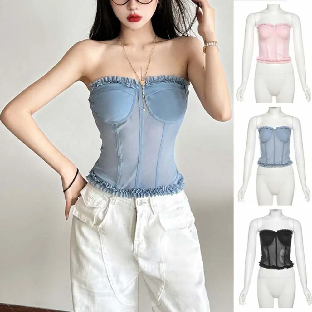 ファッションノースリーブレースキャミソールラップチェストボトムシャツ女性用メッシュコルセットラッフルタンクスリムクロップトップスストリートウェア