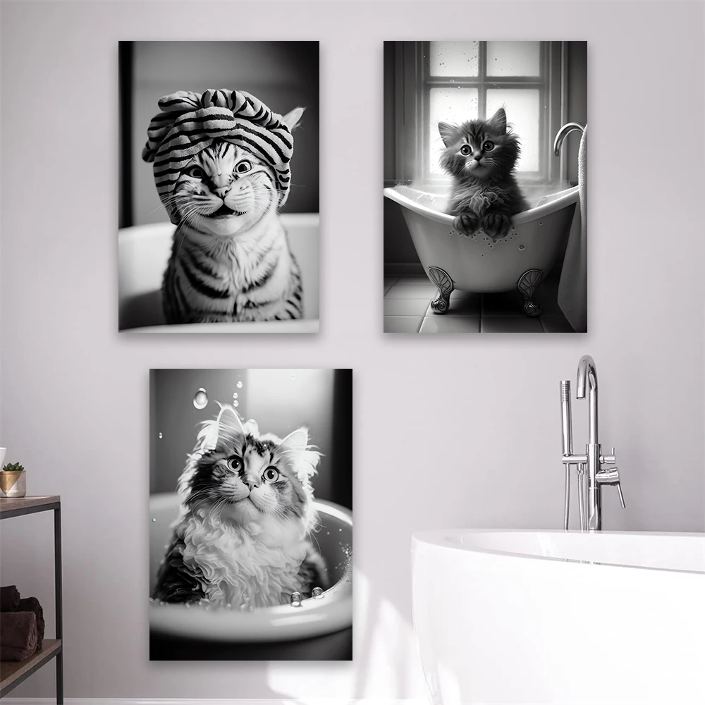 Funny Retro Bathroom Poster Cat Wrapped in Bath Towel Design Canvas Print Bathroom Wall Decor Quirky Humor Art Canvas Painting