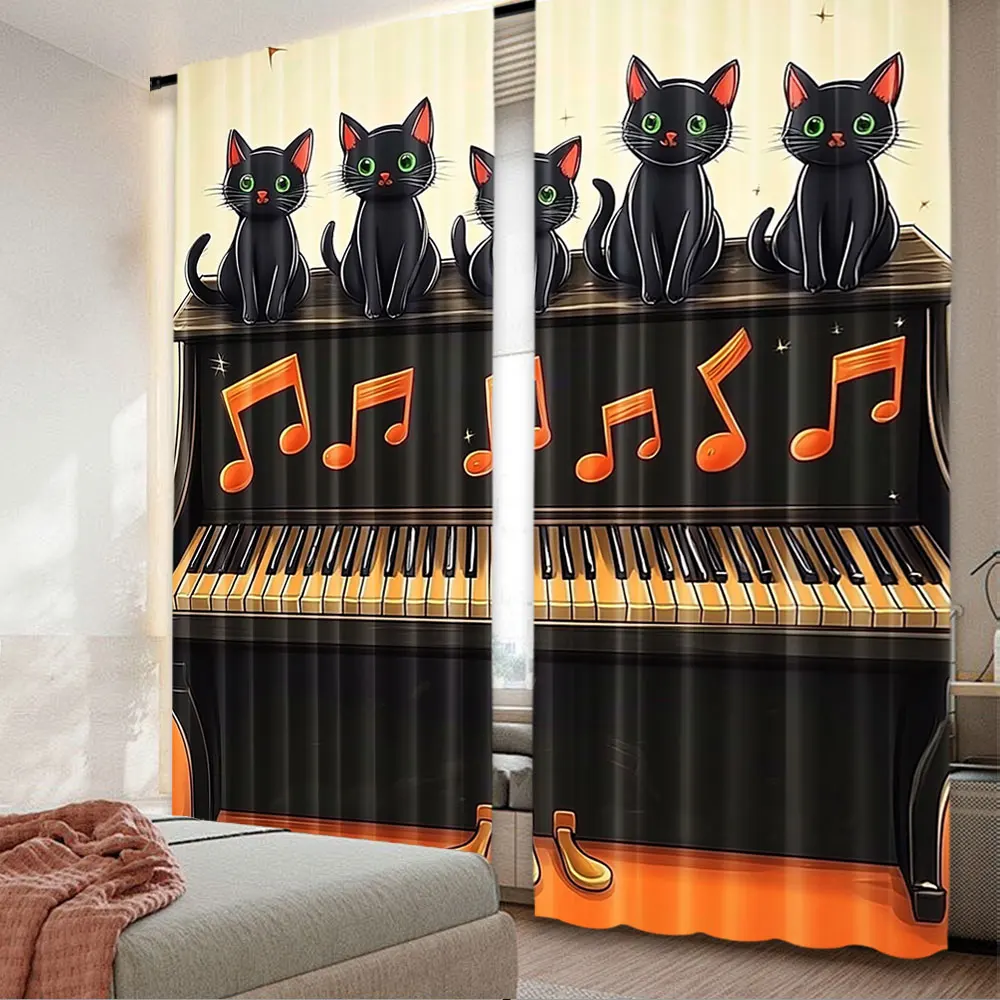 

2Pcs The Cats Sit On The Piano Curtains Fashion Curtains Aesthetic Personalized Curtains Suitable For Living Room Dorm A