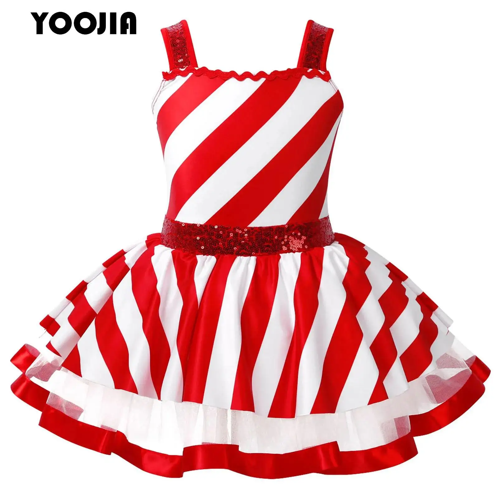 

Candy Cane Christmas Dance Costume Kids Girls Striped Sequins Ballet Tutu Dance Skating Gymnastic Leotard Dress Party Dancewear