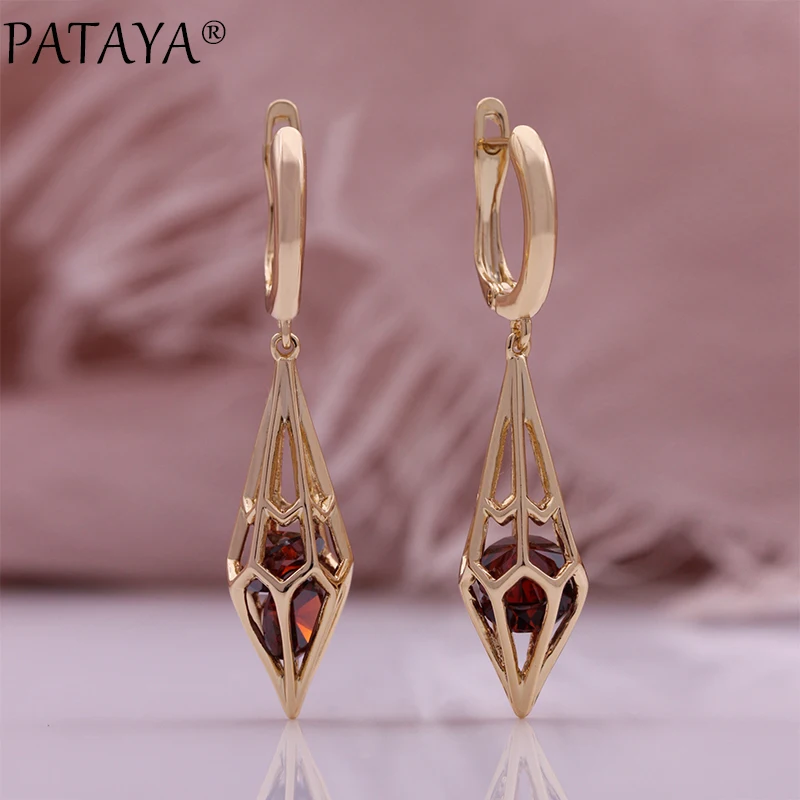 

PATAYA Hot Shiny Red Natural Zircon Rhombic Drop Earrings For Women Trend Champagne Gold Color Bride Wedding Fine Jewelry Gift