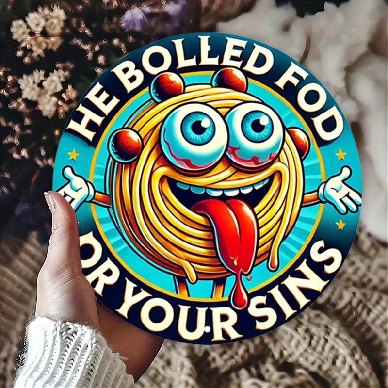 قطعة واحدة من لافتة القصدير المعدنية المصنوعة من الألومنيوم الكرتونية السباغيتي المضحكة - لوحة فنية جدارية ريفية مع تصميم "HE BOLLED FO YOUR SINS" للمنزل، Garage-2D