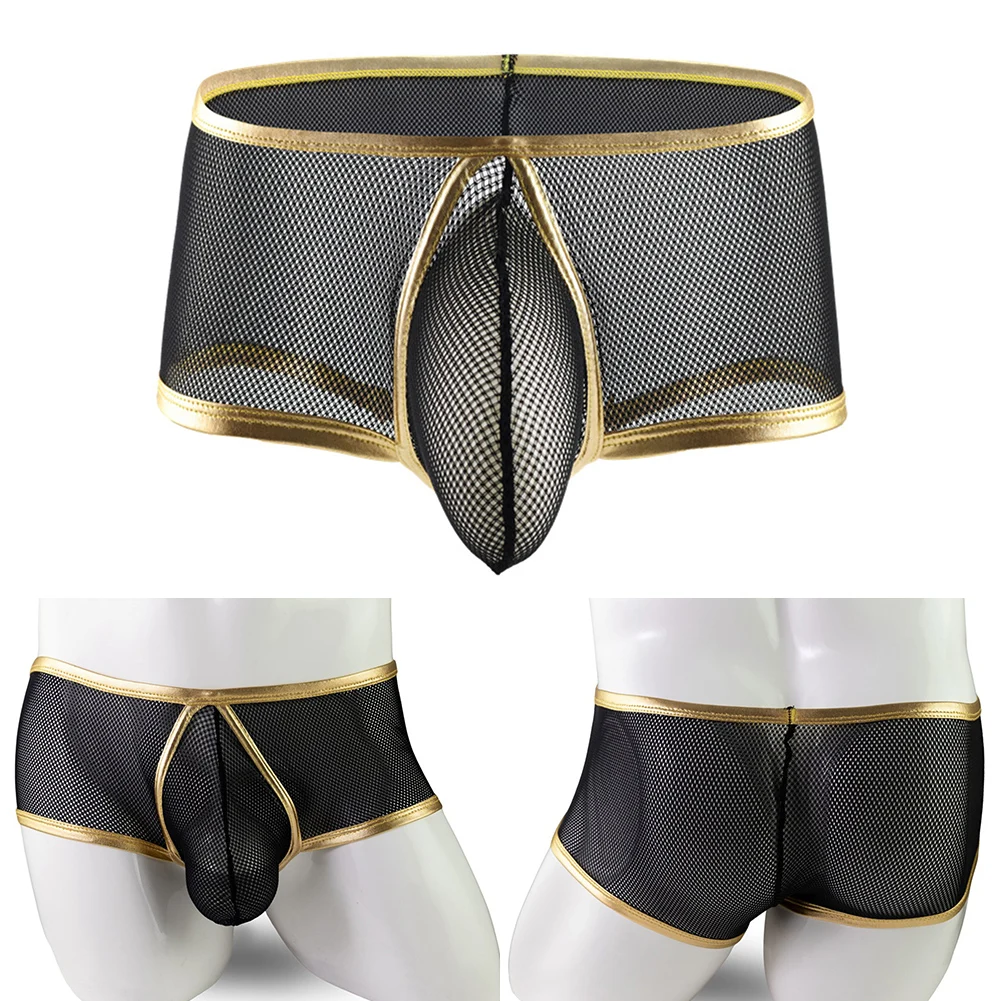 Roupa interior de malha sexy masculina, boxers translúcidos, cuecas respiráveis, bolsa grande, calcinha convexa em U, cintura baixa, gay, hip lift, lingerie