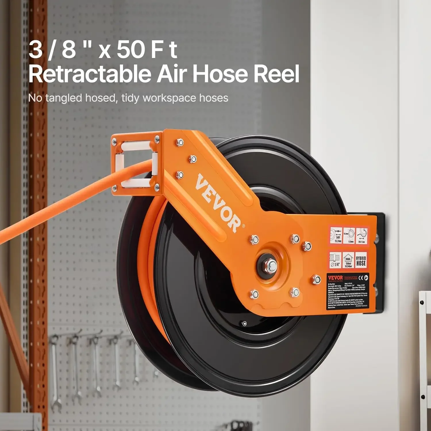 Retractable Air Hose Reel, 3/8IN x 50FT Rubber Air Hose Max 300PSI, Air Compressor Hose Reel Auto-Rewind with 5FT Lead in