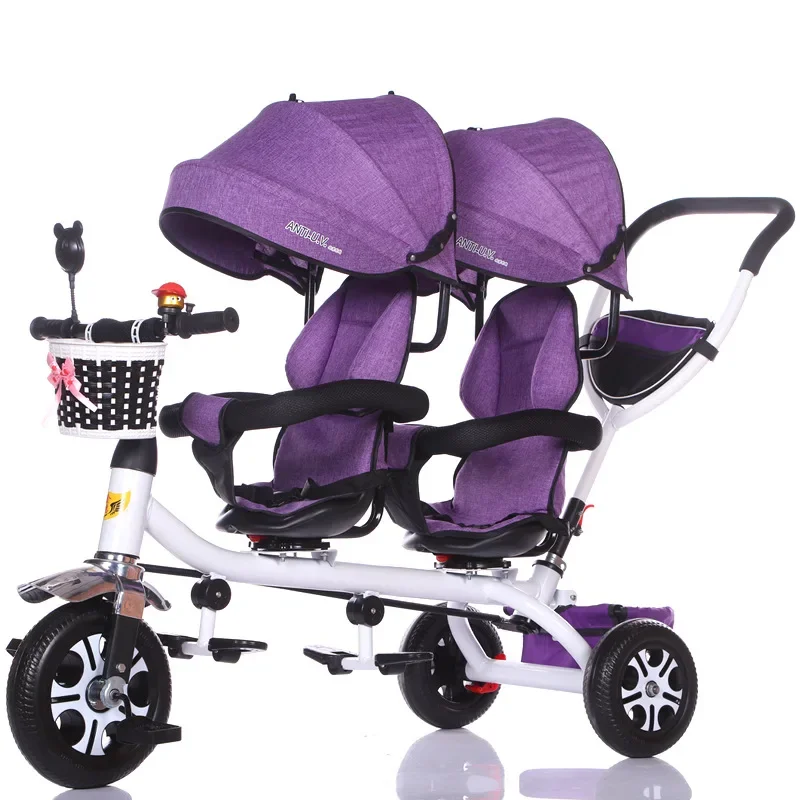 Twin Tricycle for Children, Double Baby Trike, Baby Stroller, 3 Wheel Bicycle, Kids Tricycle