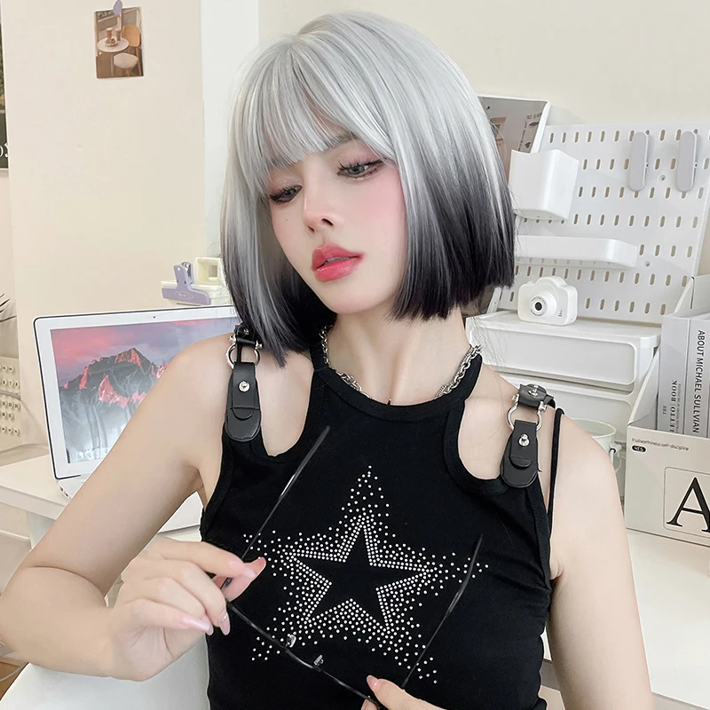 7JHH WIGS Lolita Wig Synthetic Short Straight Black Bob Wig for Women High Density Black Ombre White Wigs with Bangs Costume Wig