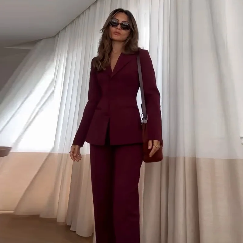 

Американский новый модный женский однотонный повседневный модный комплект из 2 предметов, костюм с длинными рукавами, пиджаки, широкие брюки, женская одежда