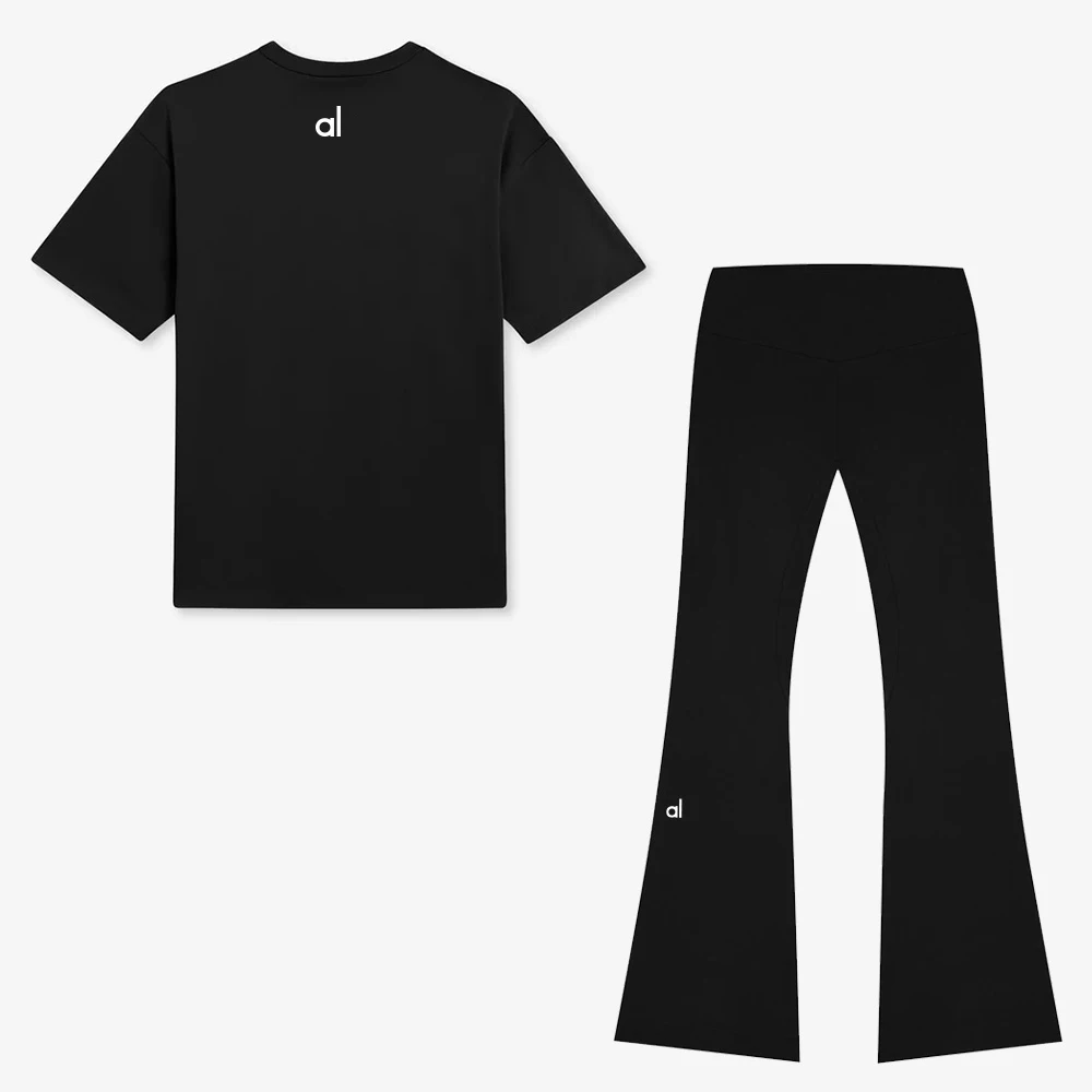AL Women's Casual Streetwear Two-Piece Set Flared Leggings Yoga Pants with Letter Print T-Shirt Street Style Fitness Outfit