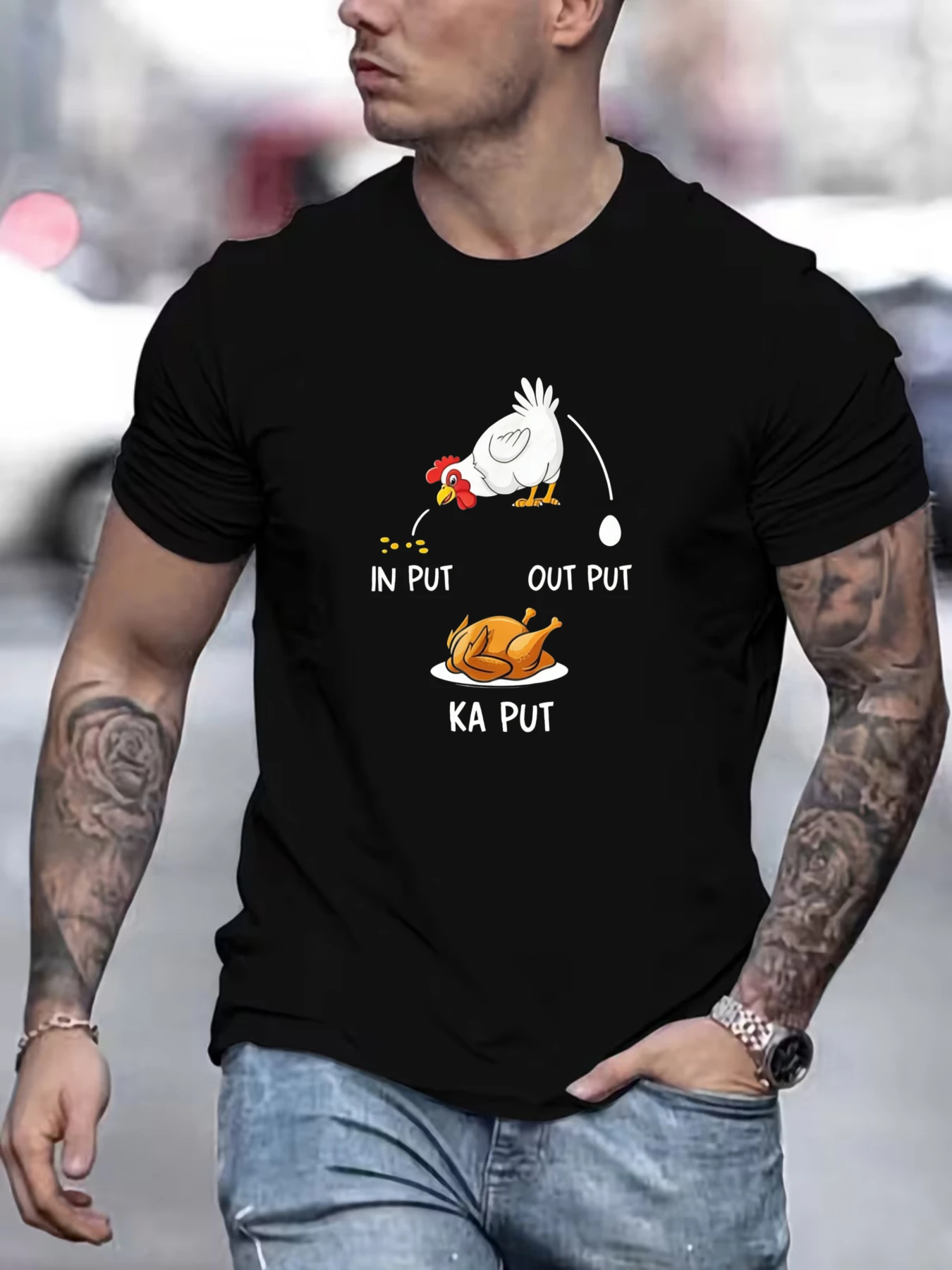 Men Funny Chicken Input Output Cotton T Shirt Crew Neck Humor Food Print Male Summer Short Sleeve Casual Streetwear Tops