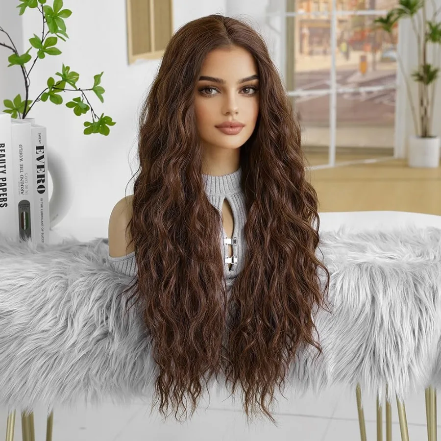 26 بوصة شعر مستعار موجة المياه للنساء شعر مستعار اصطناعي مجعد ارتداء البني والذهاب غلويليس استبدال الشعر المستعار للاستخدام اليومي Perfec