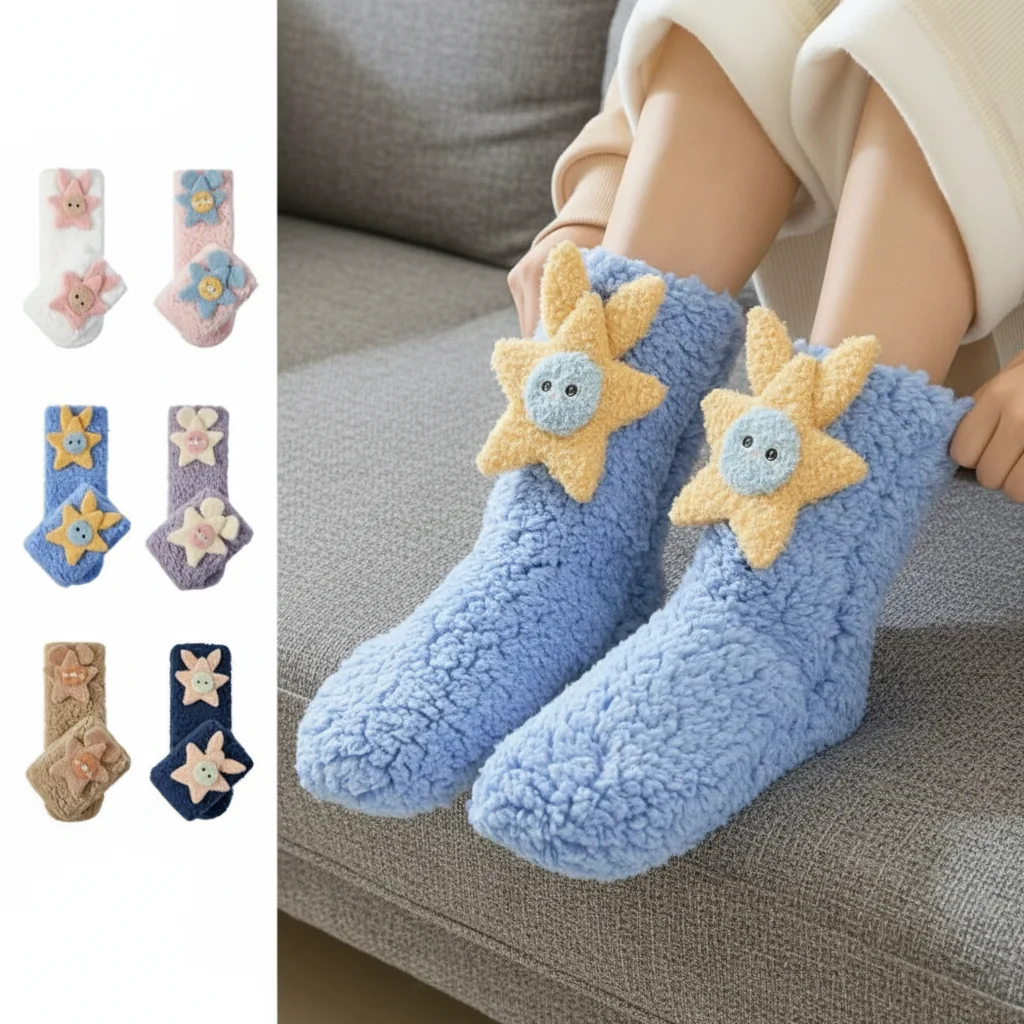 

Cartoon Funny Tube Socks Korean-Style Women's Mid-Calf Socks Star Thicken Warm Floor Stockings Winter Funny Coral Fleece Socks