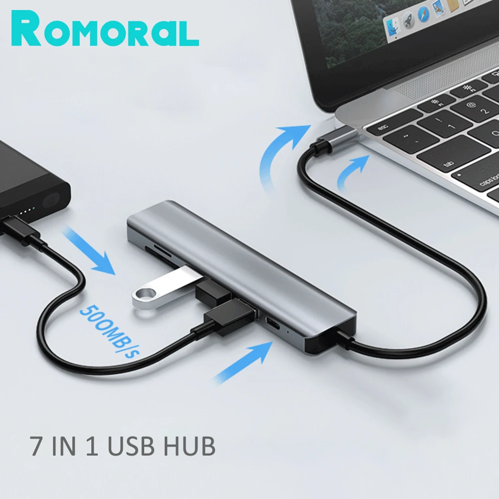 

USB C Hub 7 In 1 Type C 3.0 To 4K HDMI Adapter with RJ45 SD/TF Card Reader PD Fast Charge for MacBook Notebook Laptop Computer