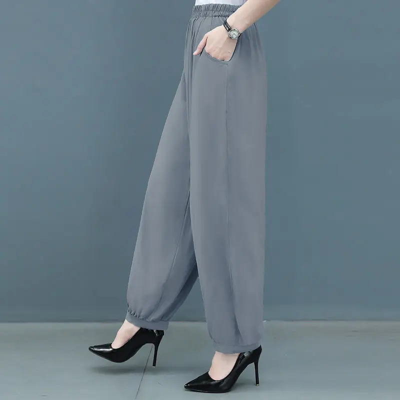 Spring Summer Thin Solid Bloomers Pants Big Size All-match Elastic Band High Waist Loose Women Fashion Casual Wide Leg Trousers