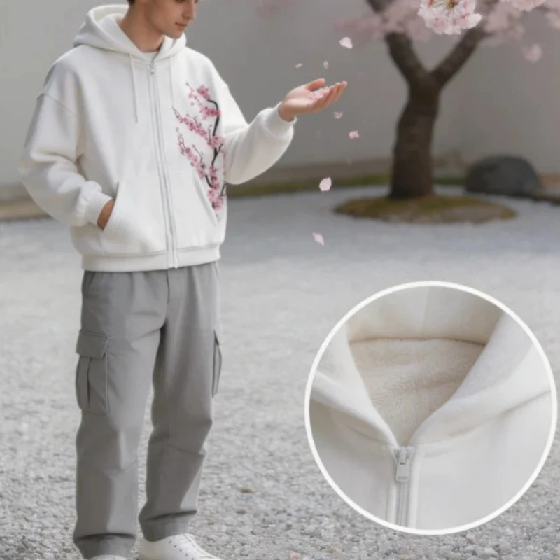 

Y2k Aesthetic Cherry Blossom Print White Zip Up Hoodie Men Women Japanese Harajuku Style Loose Casual Streetwear Soft Sweatshirt