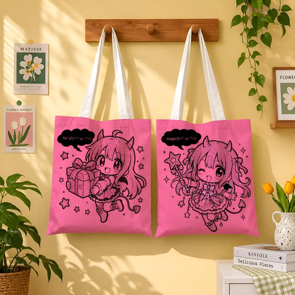 Kawaii Devil Girl Storage Bags 1pc Canvas Tote Bag Reusable Shopping Shoulder Bag For Women Daily Use
