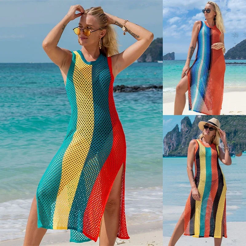 

Boho Striped Knit Crochet Tunic Bikini Cover-ups Sexy Sleeveless Mesh Beach Dress Women Beach Wear Swim Suit Cover Up