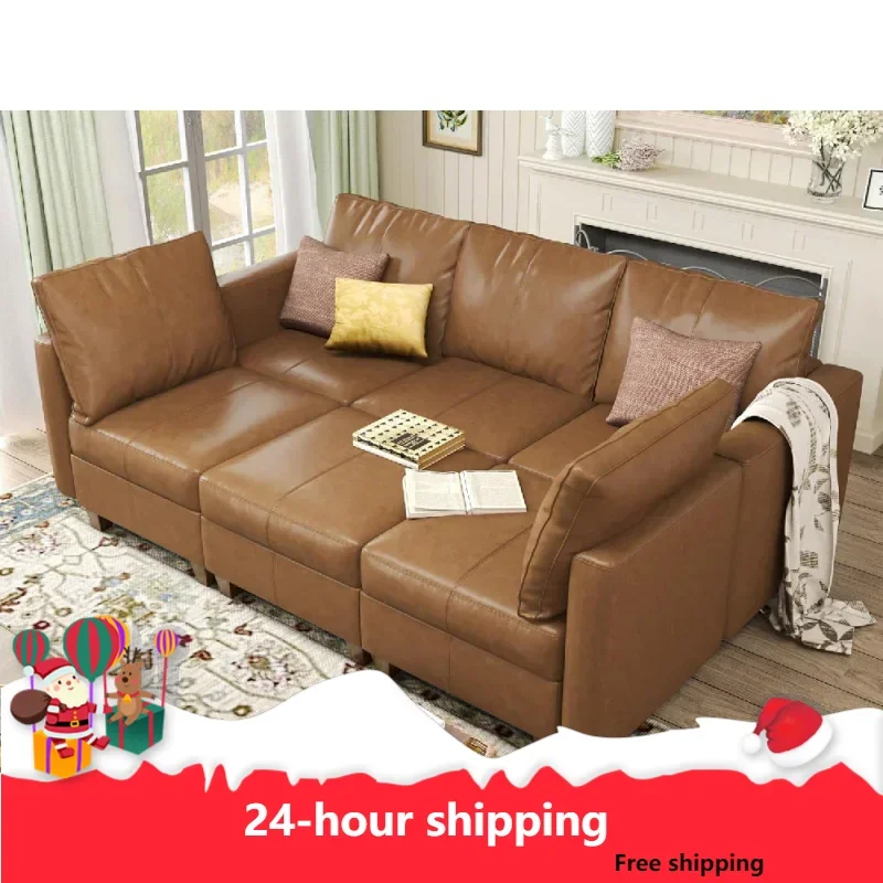 

Faux leather modular sleeper sofa bed with storage, 6 seat sectional couch Brown