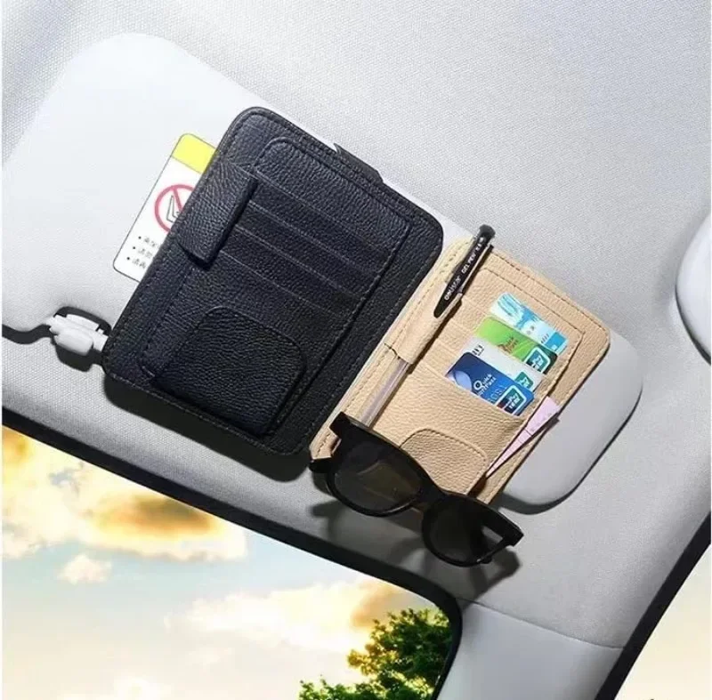 Car Sun Visor Storage Supplies Sorting Clip Bill Bank Card ID Card Glasses Change Pen Storage Bag Leather Universal Accessories