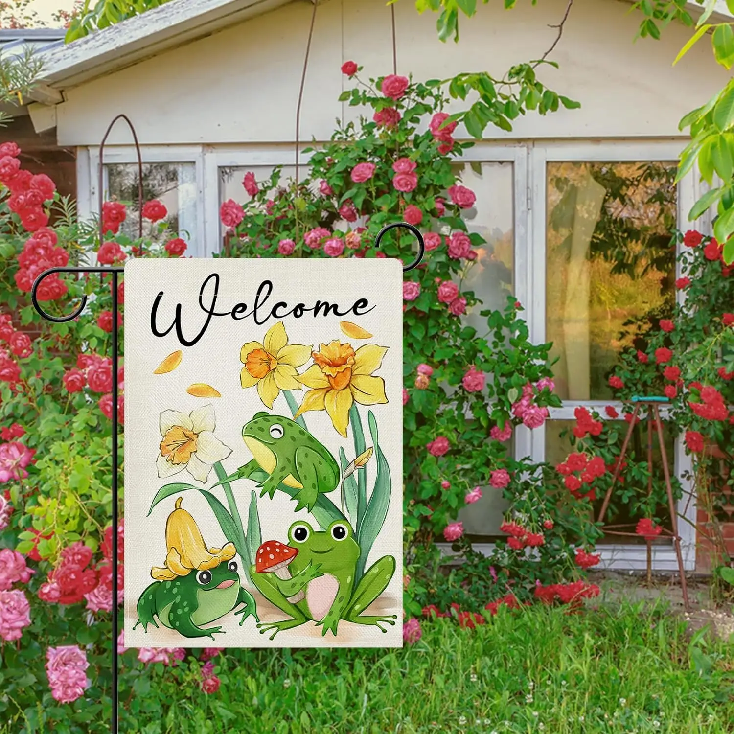 Dyrenson Welcome Spring Summer Frog Daffodil Flower Decorative Garden Flag, Yellow Floral Mushroom Yard Outside Home Decorat AAL