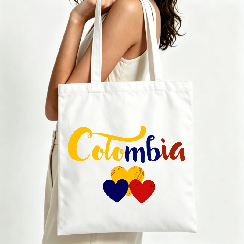 Women's Colombia typography and heart graphic canvas tote bag, casual style for daily shopping and outings