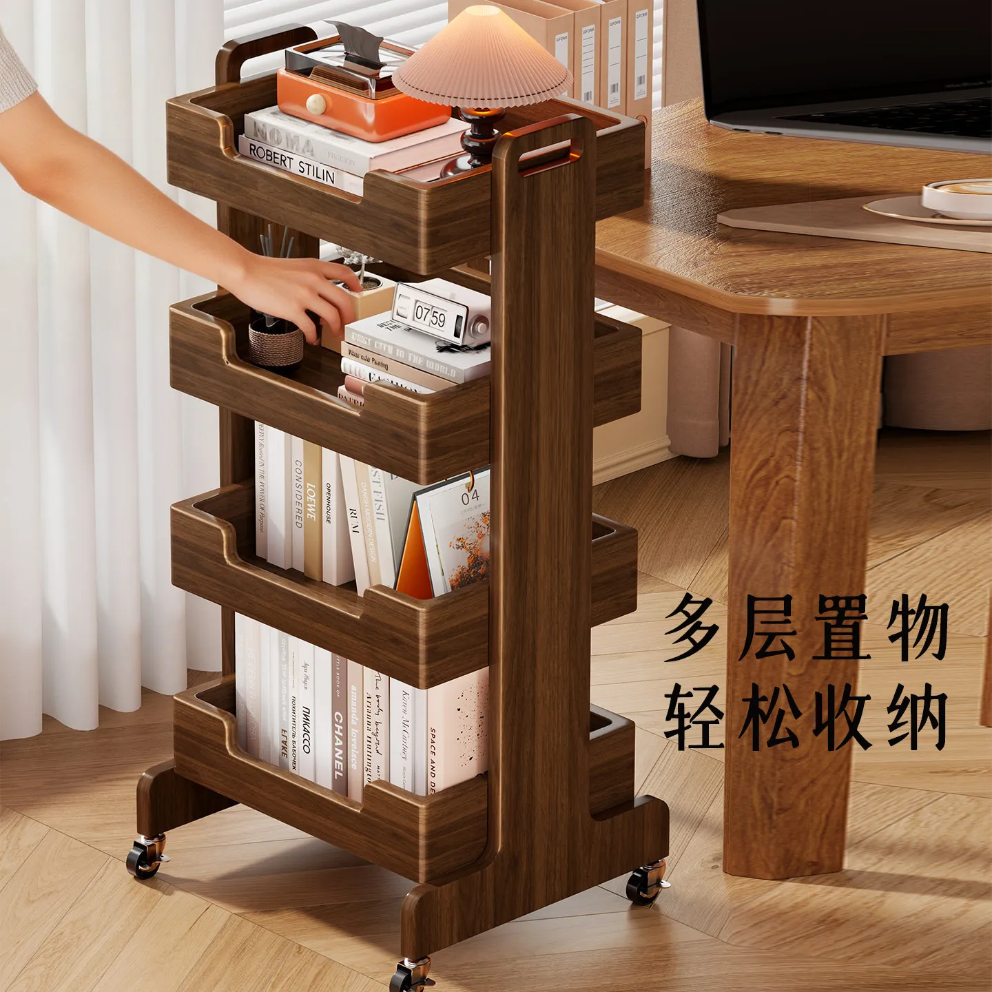 HYS solid wood bookshelf floor rack mobile pulley multi-layer household snack storage trolley simple bookcase