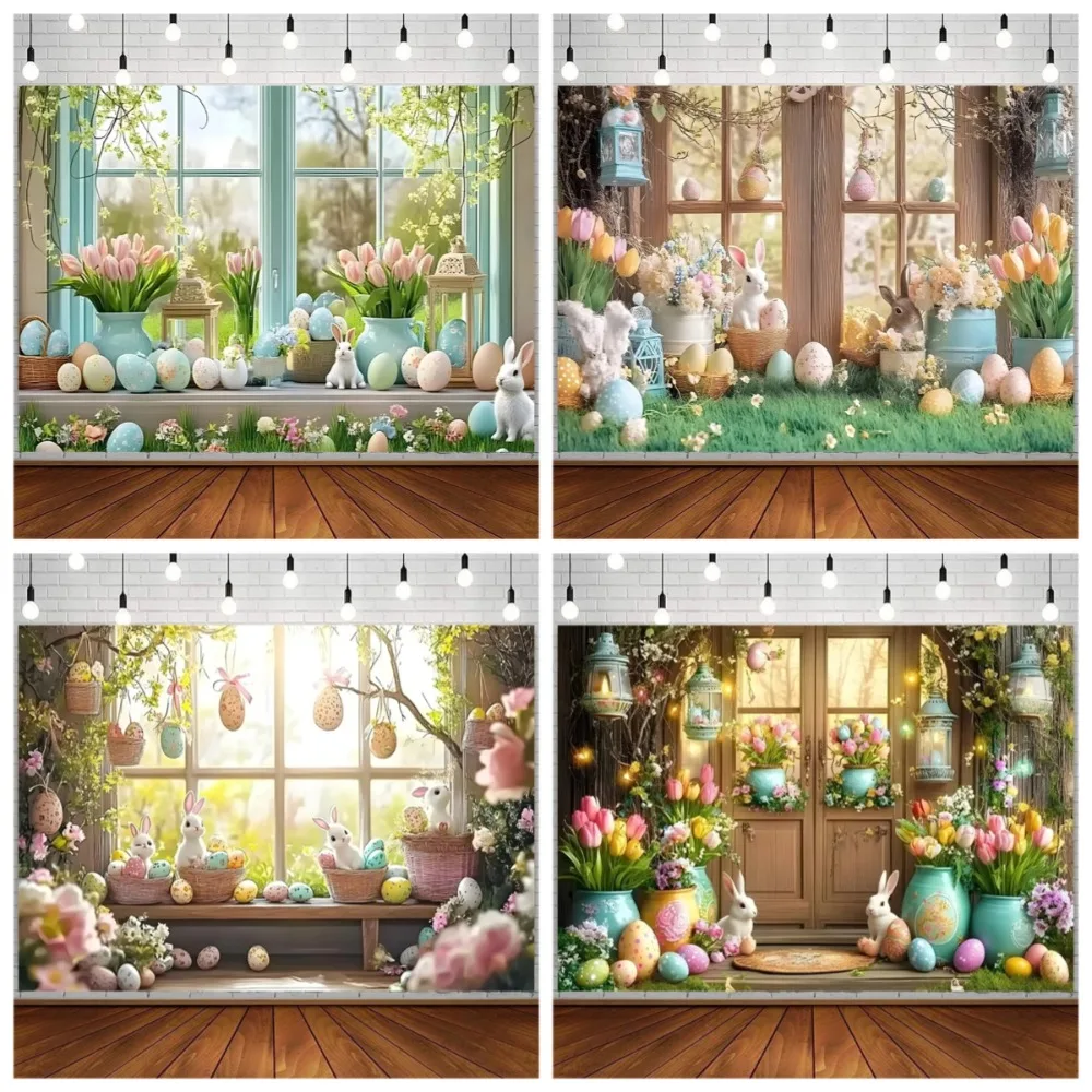 

Spring Easter photography background, house flowers, rabbit Easter eggs, baby birthday party decoration, shooting Backdrop props