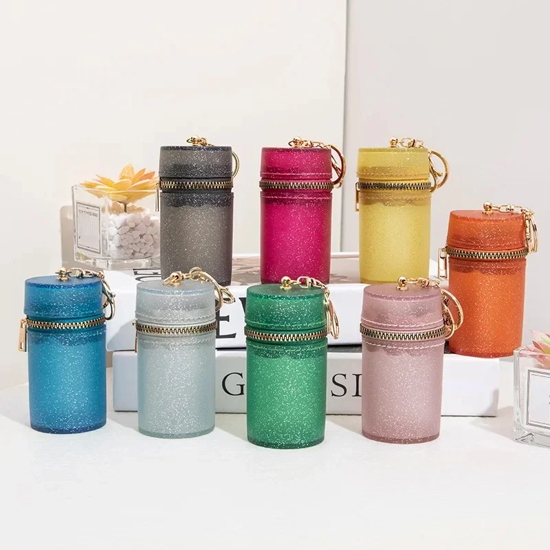 Women Cylindrical Mini Cosmetic Lipstick Bag Fine Glitter Zipper Coin Bag with Keychain Lip Gloss Makeup Organizer Pouch