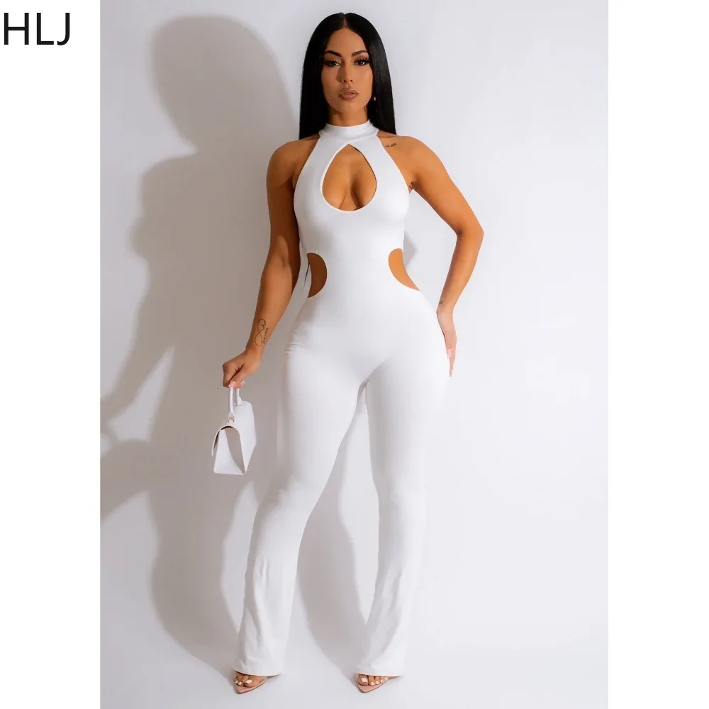 HLJ-monos ajustados con cuello Halter ahuecado para mujer, traje liso sin mangas, de una pieza, Sexy, para fiesta y Club