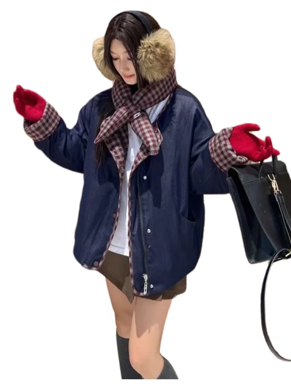 Coréen Sle couleur Blo Plaid Jaet femmes hiver nouveau Faion décontracté col montant vêtements de travail coton ort vêtements d'extérieur