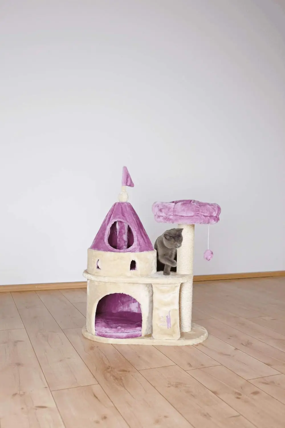 My Kitty Darling Castle Condo, Scratching Post, Cat Tree, Pom Pom, Crinkle Toy | Beige 27.5 x 14.75 x 35.25 in.