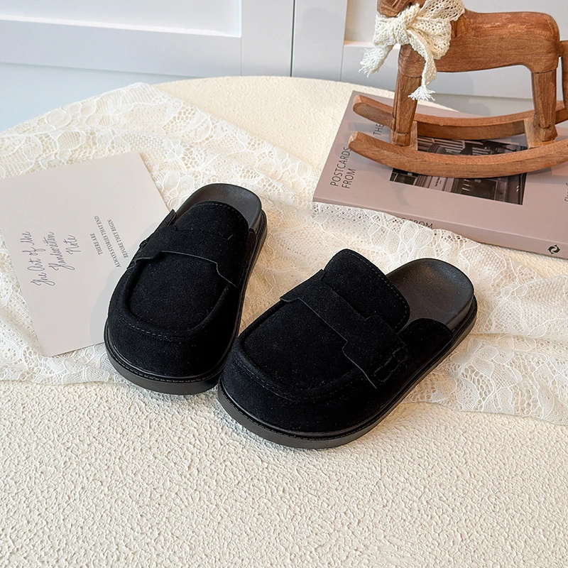 Toddler Kids Light Gray Suede Mule Loafers Slip on Non-Slip Flat Sole for Daily Indoor Outdoor Casual Wear